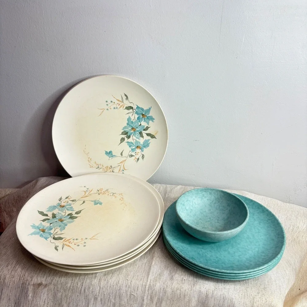 Aztec Melmac Dinnerware Plates and Bowl Turquoise Floral MCM Retro
